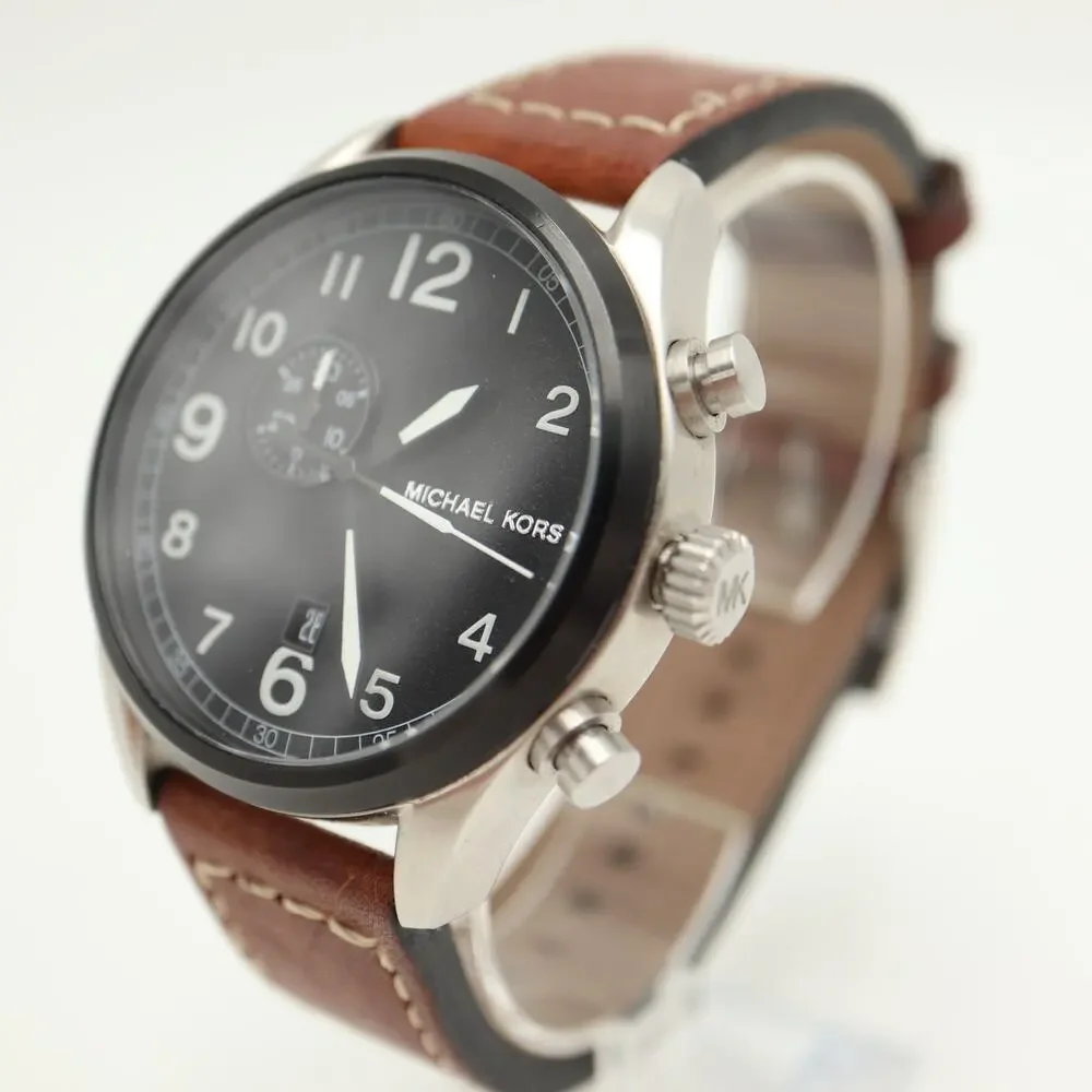 Michael Kors Hangar Mens 45mm Chronograph Watch Brown Leather MK7068 New Battery